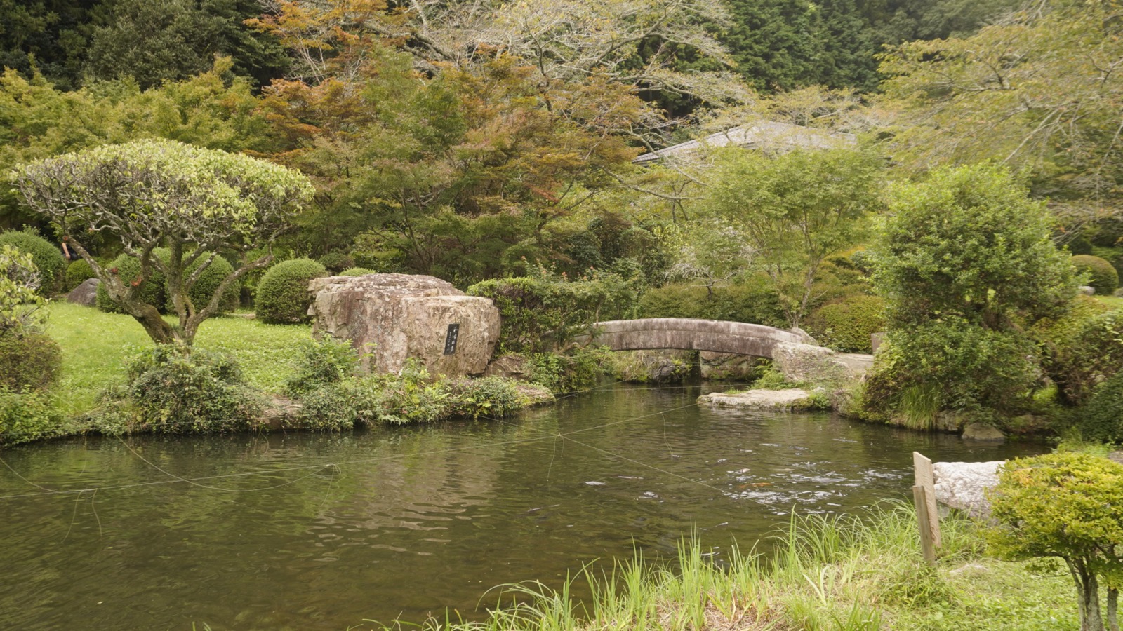 木々に囲まれた池に石橋がかかり、手前の岸に大きな石が据えられた庭園