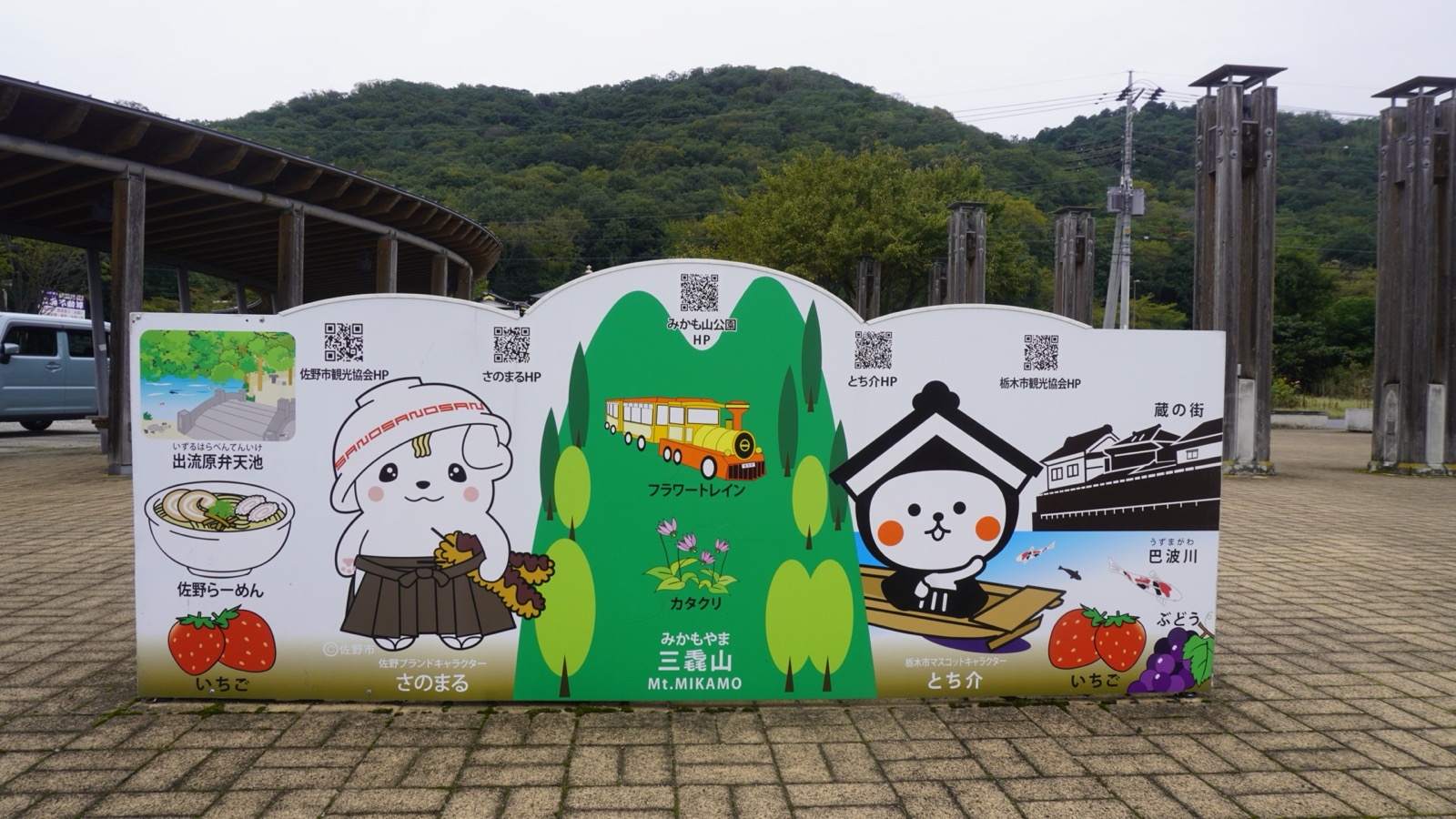 石畳の広場に立つ看板。中央に三毳山とフラワートレイン、左に佐野市のさのまると佐野らーめん、右に栃木市のとち介と蔵の街が描かれ、背後に木々に覆われた山が見える